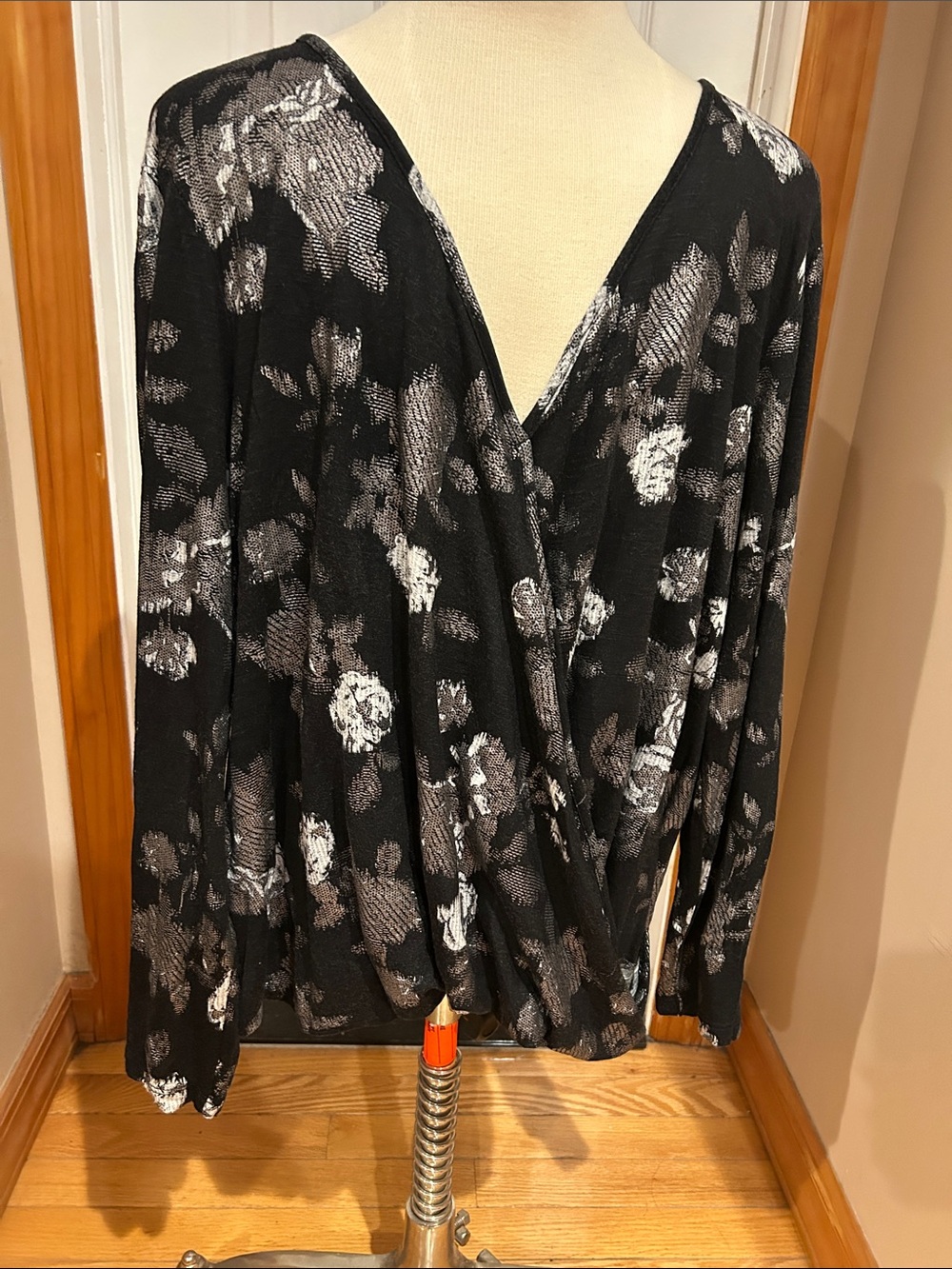 Ellen Tracy Black Floral Wrap Blouse